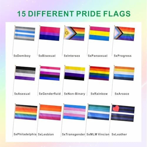 Rainbow Pride Stick Flags Set - 15 Mini Handheld LGBTQ Flags, 5x8 Inches, 75 Pac gallery
