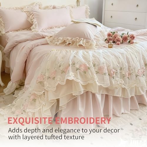 Queen Size French Chic Bedding Set 4-Piece - Romantic Lace Trim Washed Cotton,.. gallery