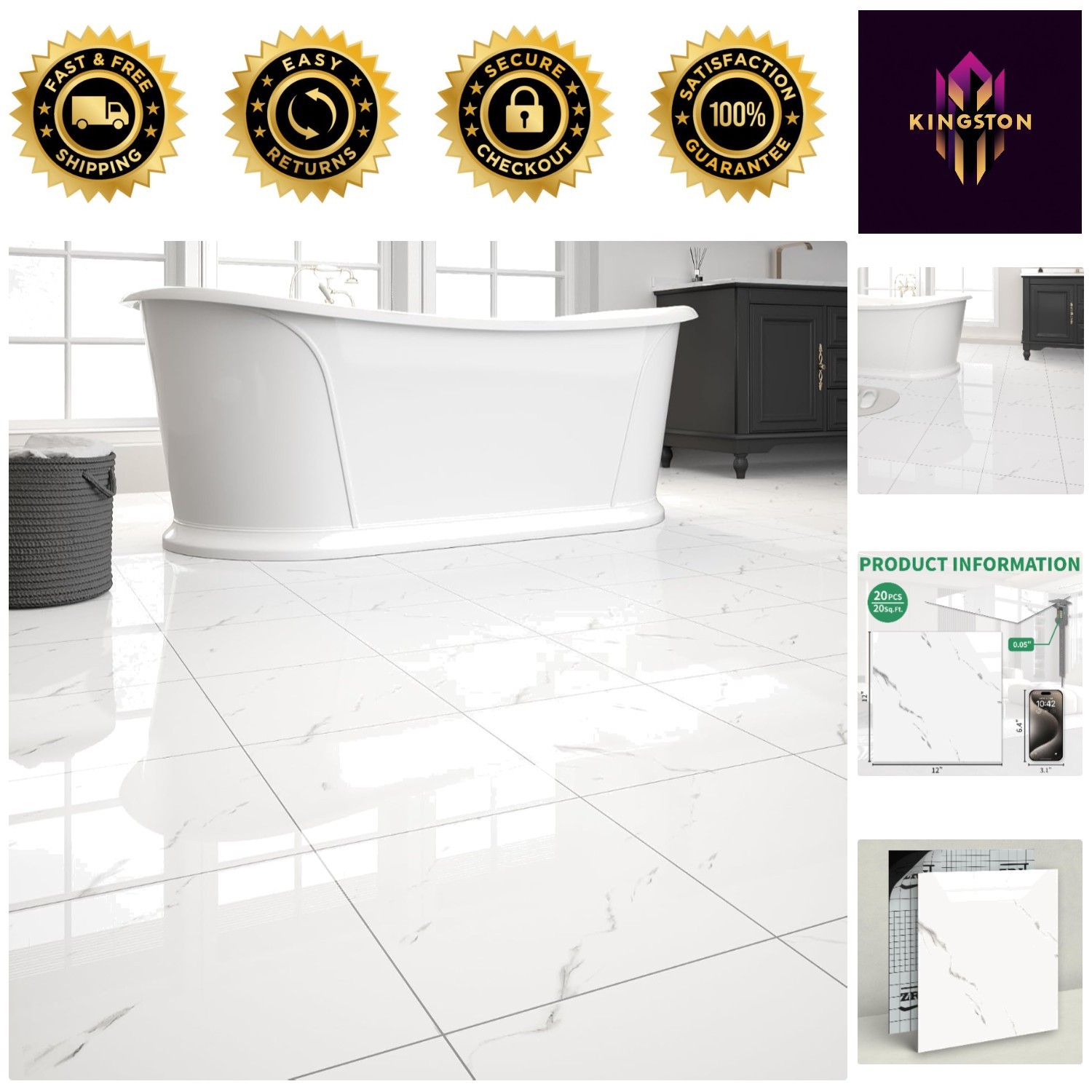 Versatile Peel and Stick Flooring - Polish White Marble, Easy Clean Removal gallery