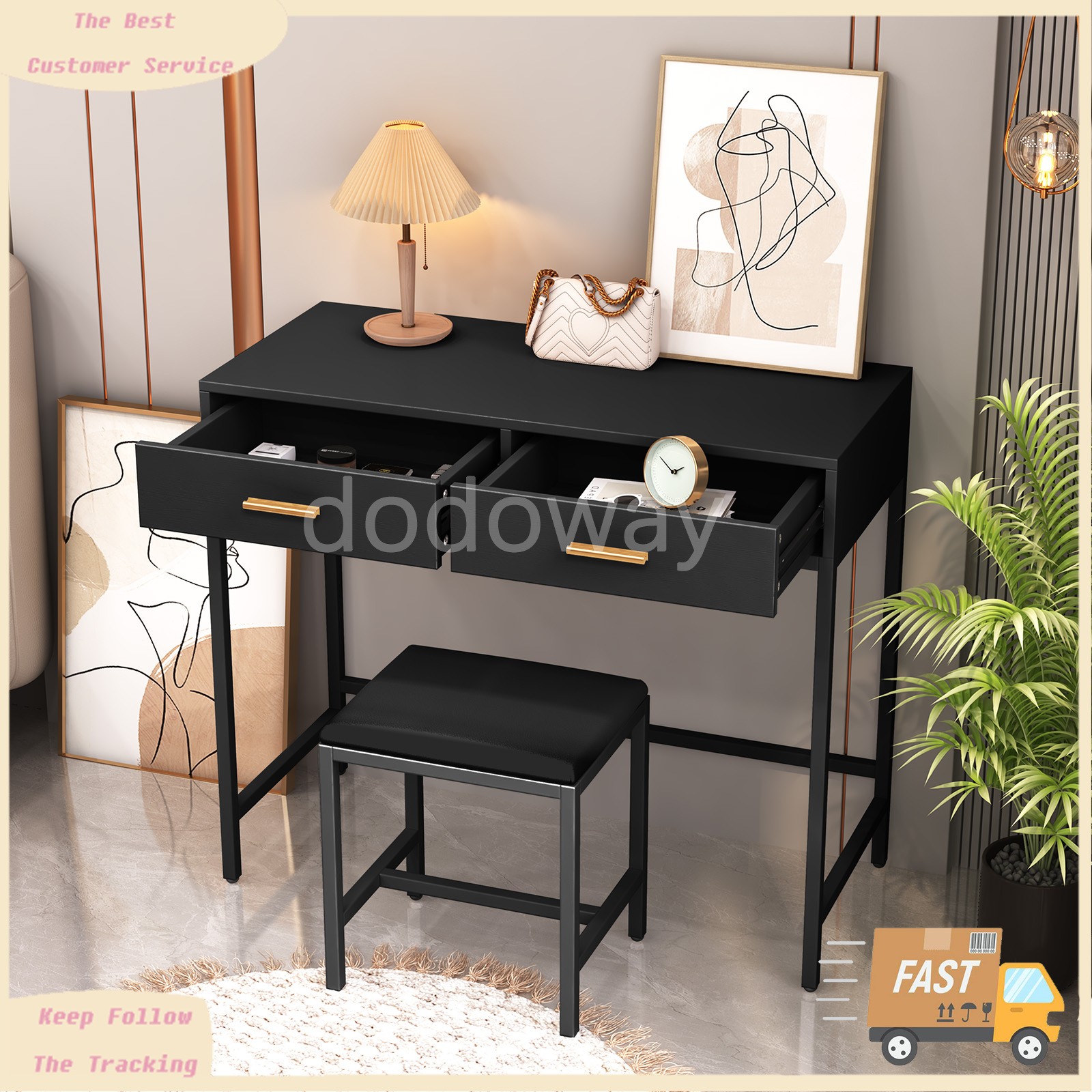 Black Modern Vanity Desk Stool Computer Home Office Study Table with 2 Drawers gallery