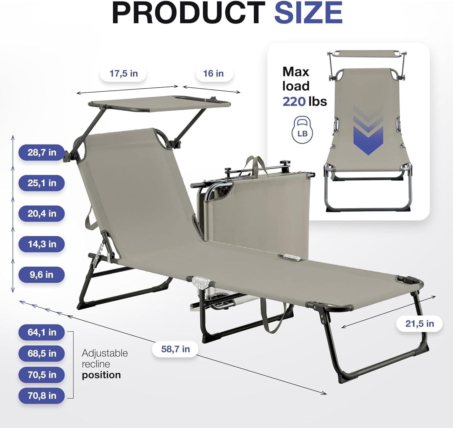 Folding Outdoor Lounge Chair with Canopy - Portable & Adjustable, Taupe gallery