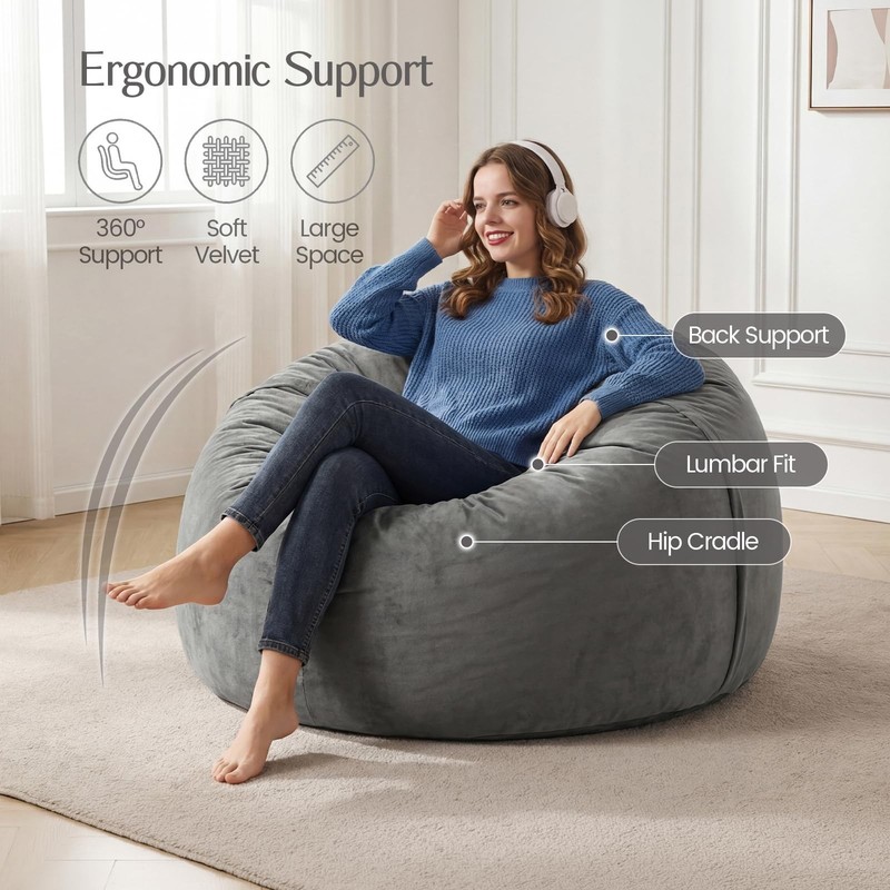 3FT Medium Memory Foam Bean Bag Chair, Soft Washable Velvet Cover - Grey, Ideal gallery