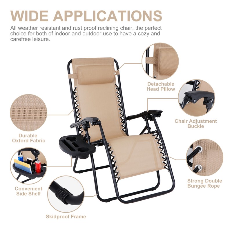 Set of 2 Adjustable Zero Gravity Lounge Chair Recliners w/Cup Holders Beige gallery