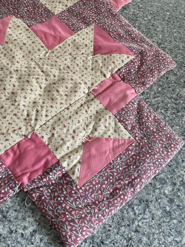 VTG Handmade Patchwork Quilted Table Runner 38"x18"~Hand Tied~Pink/Beige/Green gallery