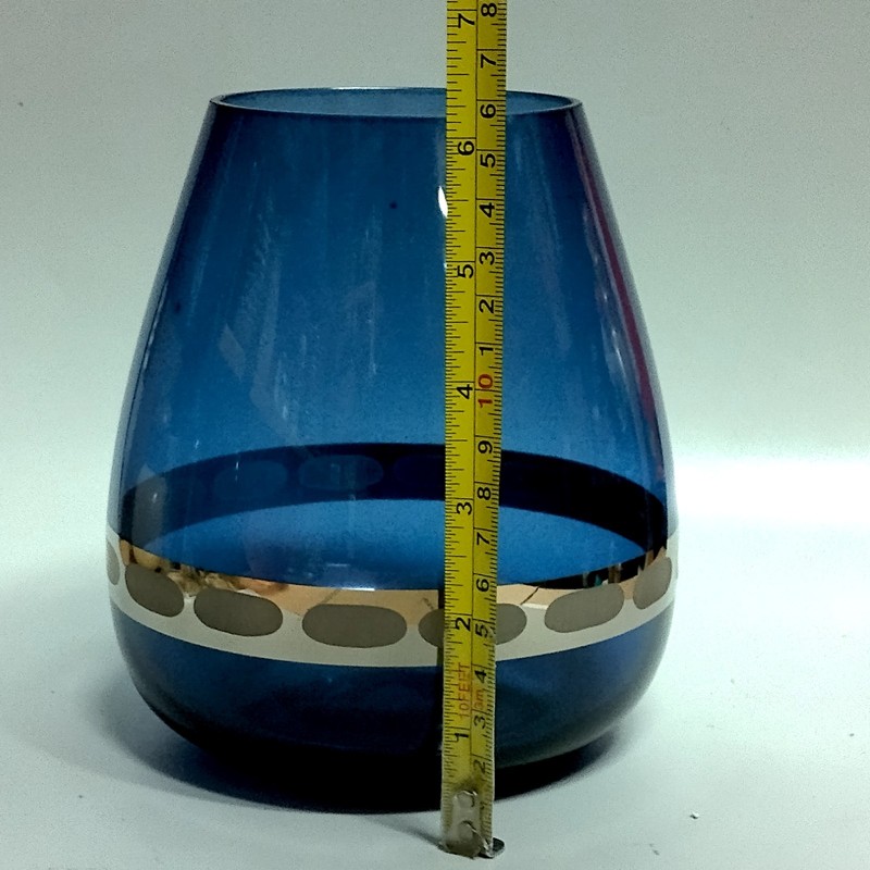 Cobalt Blue Glass Vase Tear Drop Shape Etched Silver Tone Chrome Band 6.5" gallery