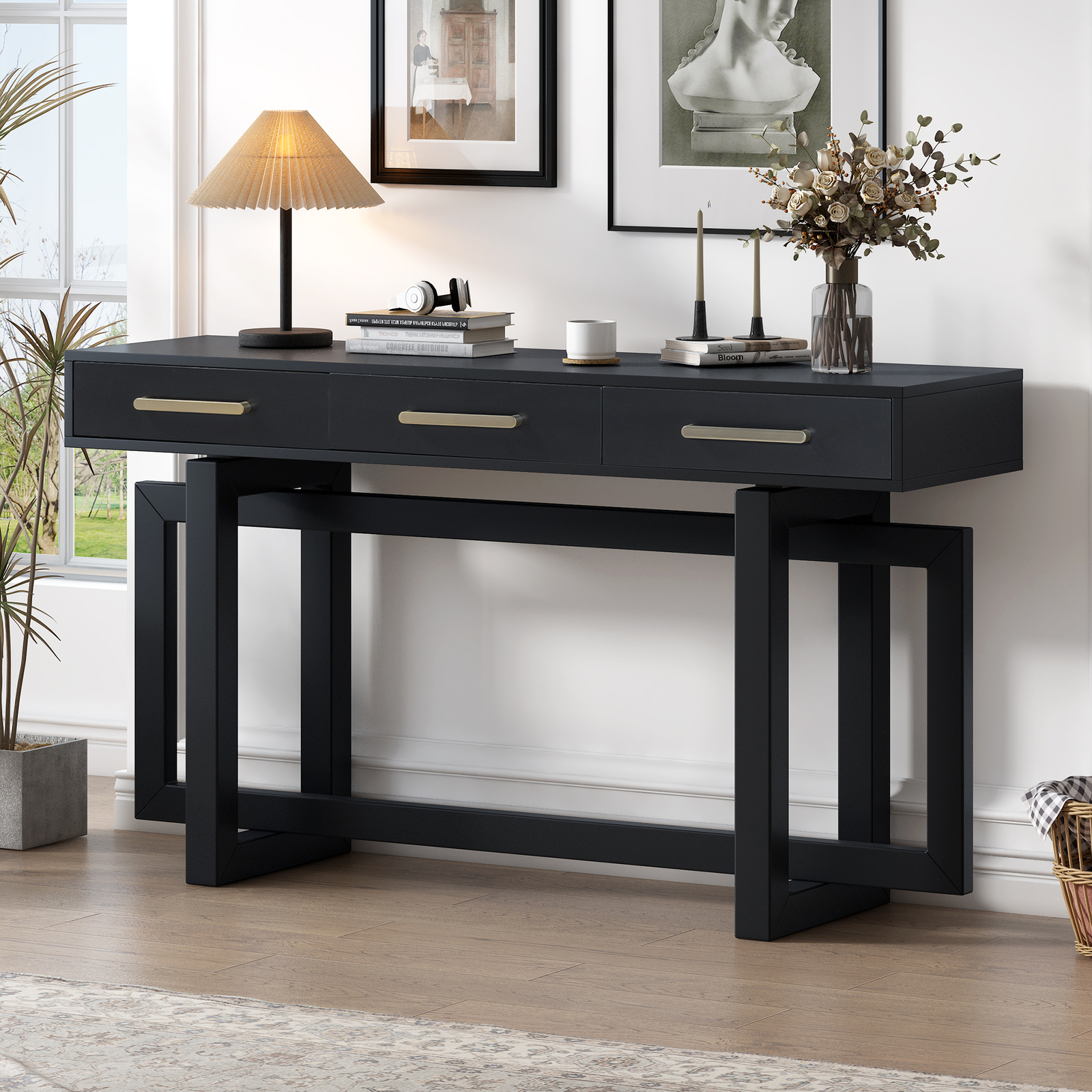 57" Modern Console Table with Geometric Interlocked Base and 3 Storage Drawers gallery