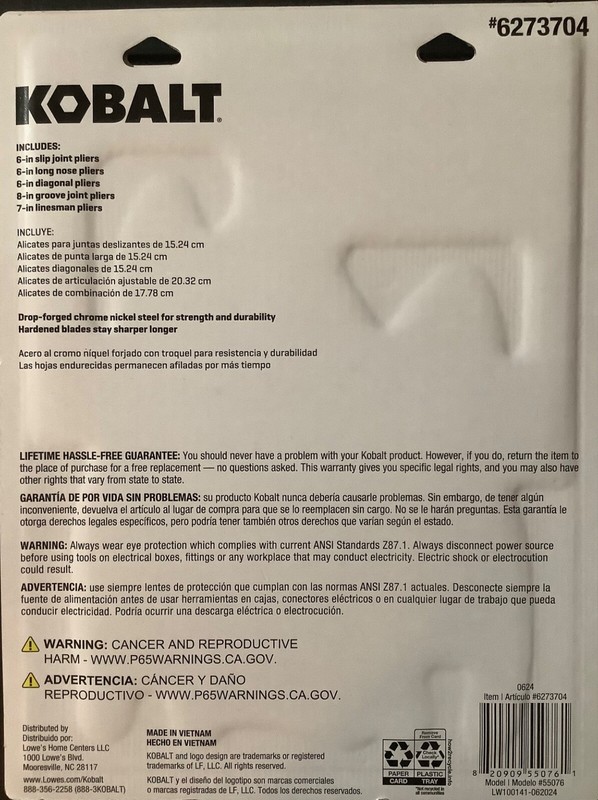 Kobalt 5 Piece Plier Set Assorted 6273704 Chrome Nickel New FREE USPS Shipping ! gallery