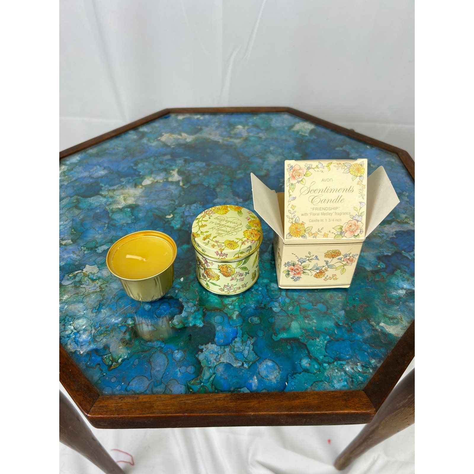 Vintage Avon Scentiments Friendship Candle Floral Medley Yellow Tin with Box gallery