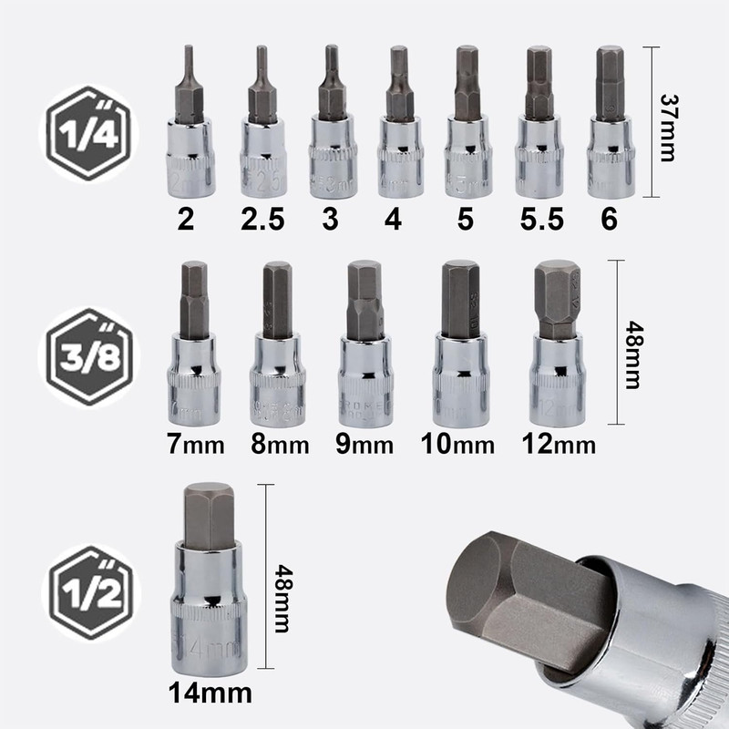 Hex Bit Socket Set Premium S2 Alloy Steel | 13-Piece Metric 2mm - 14mm Allen Soc gallery
