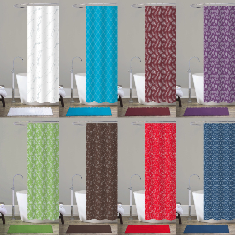 NEW HIGH QUALITY 14PC SET BATHROOM RUG MAT FABRIC SHOWER CURTAIN HOOKS ASSORTED gallery