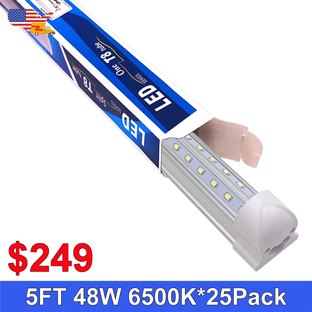 25 Pack T8 5 Ft Light Fixture 48W 6500K 6200Lm Clear V Shaped LED Garage Light gallery