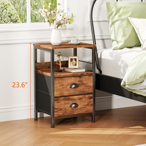 Nightstand with 2 Fabric Drawers, Night Stand with 2-Tier Rustic Brown 1pc gallery