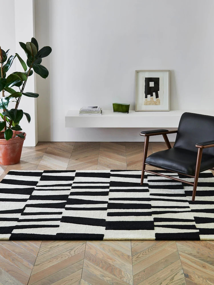 Modern Black White Tufted Wool Rug Abstract Handmade Area Carpet Decor gallery