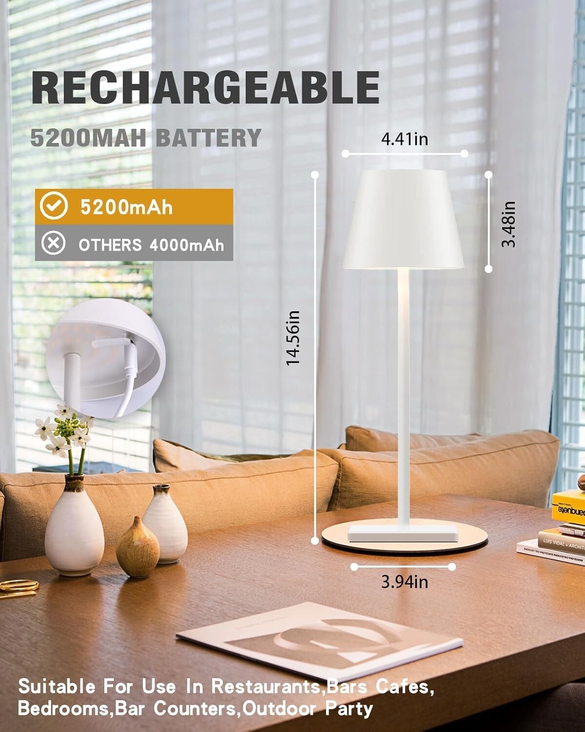 Cordless Table Lamp,5200mAh Battery Operated Lamp,IP54 Outdoor Table White-1 gallery