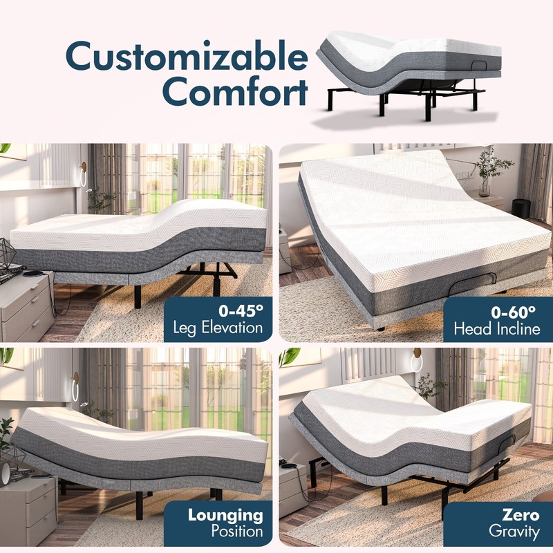 Renanim Electric Adjustable Bed Frame Wireless Remote with 14" Mattress APP USB gallery