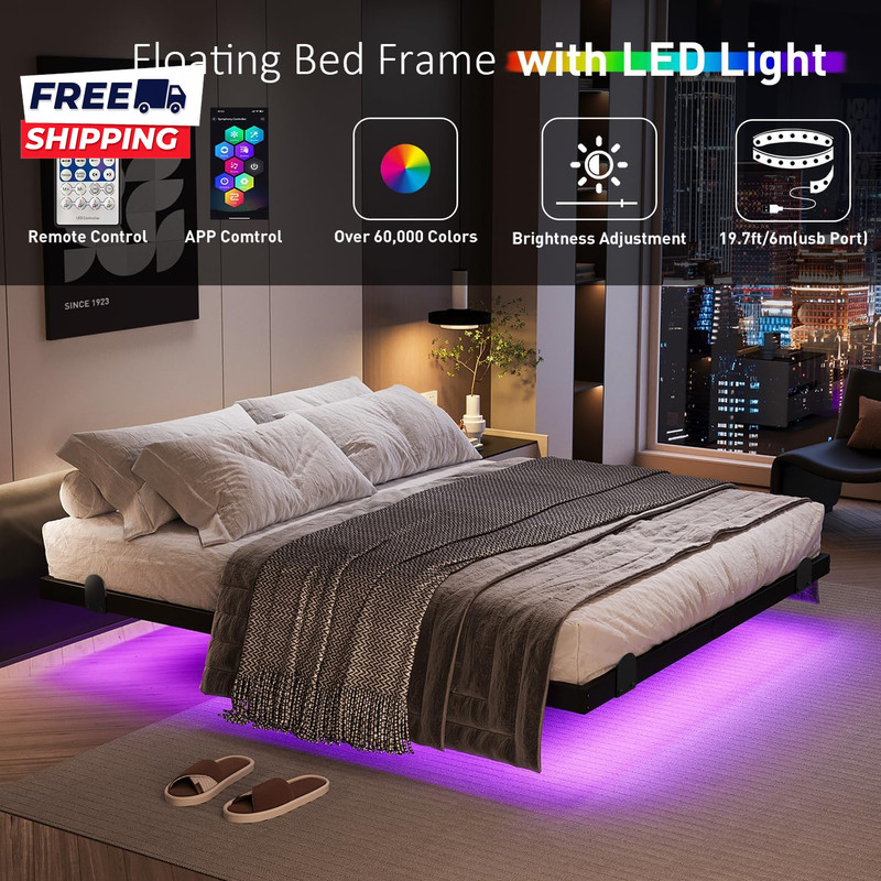 Floating Bed Frame with LED Lights and Charging Station 14 Inch King Size gallery