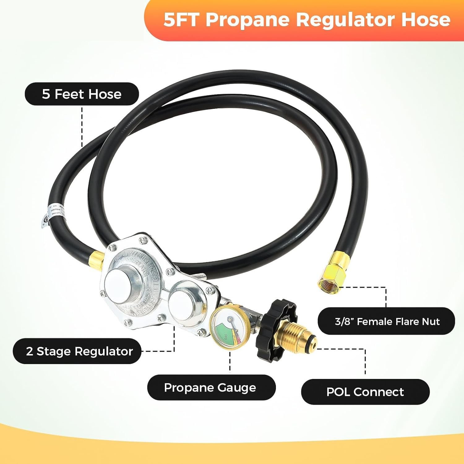 Two Stage Propane Regulator with 5FT Hose and Gauge Fits 5-100 lb Propane Tanks gallery