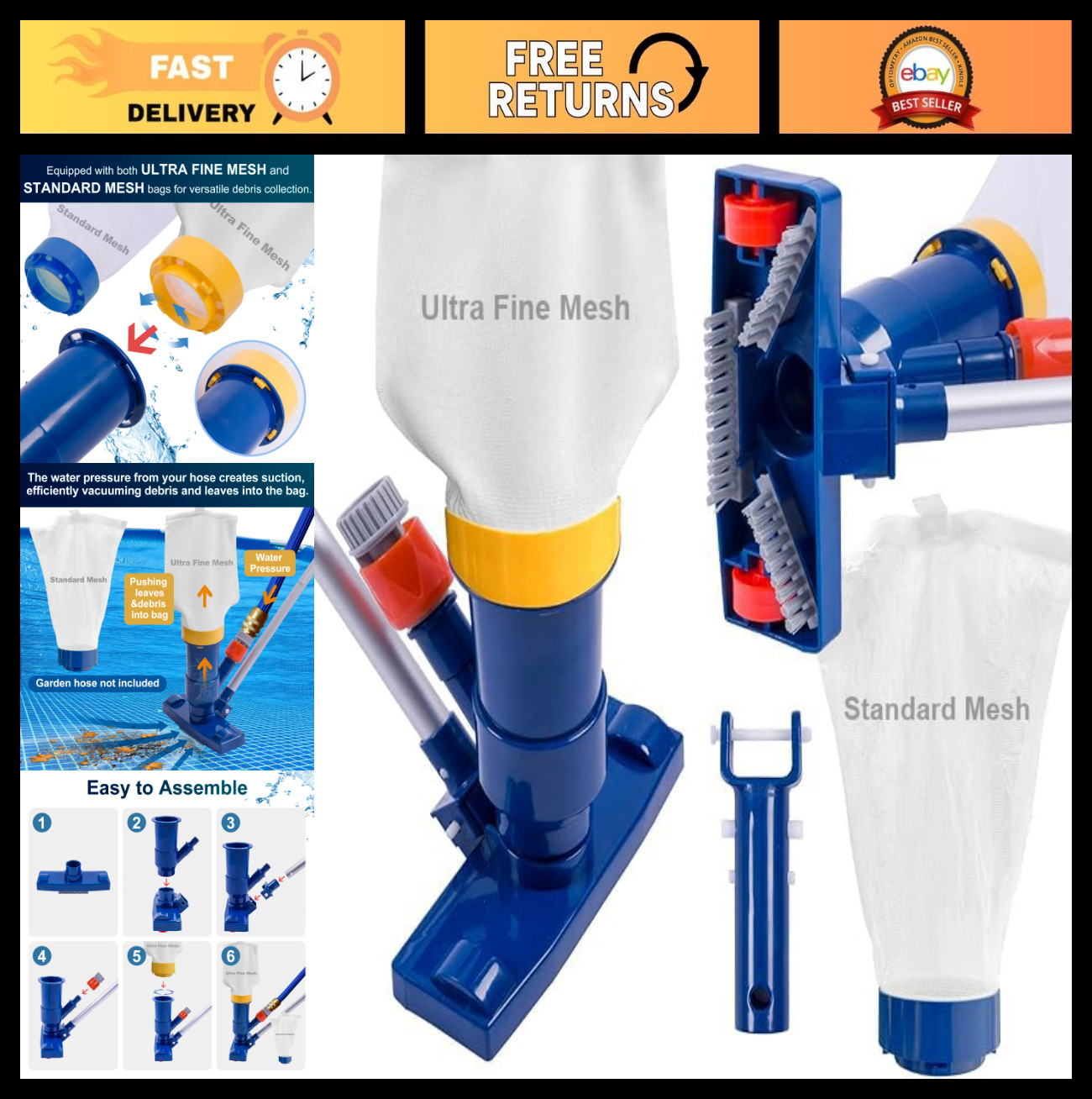 Manual Pool Vacuum for Above Ground Pools - 56" Pole, Fine Mesh Bag, Jet Cleaner gallery