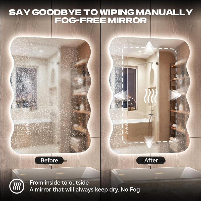 Dimmable LED Wavy Full Length Mirror - 40"x32" Frameless Floor/Wall Mount gallery