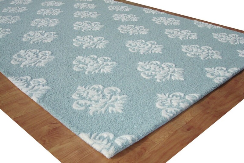 Damask Blue Loop & Cut Pile Hand-Tufted 100% Wool Handmade Area Rug Carpet for gallery