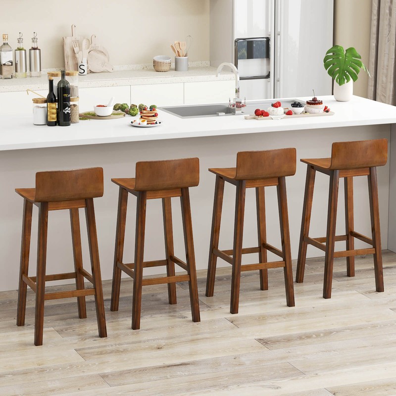 Wood Bar Stools Set of 2 with Solid Back & Seat Mid Century Bar Chairs gallery