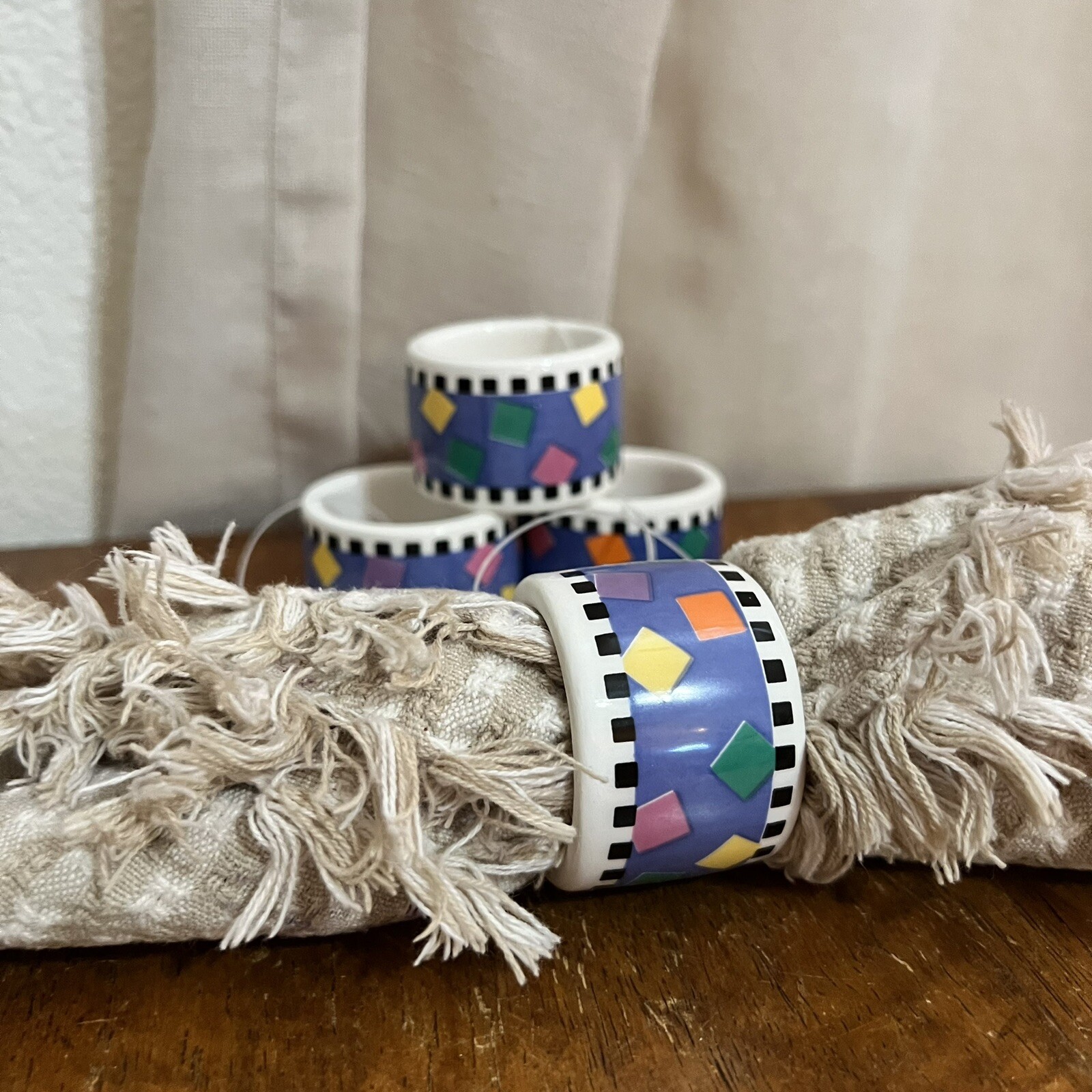 Ceramic Napkin Rings Geometric Polka Dots Orange Pink Blue Green Squares 70s 80s gallery