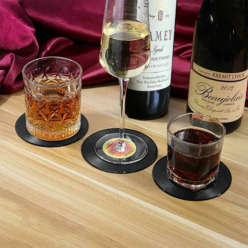 Vinyl Record Coasters for Drinks Retro Disk Coaster with Holder for Wooden Table gallery