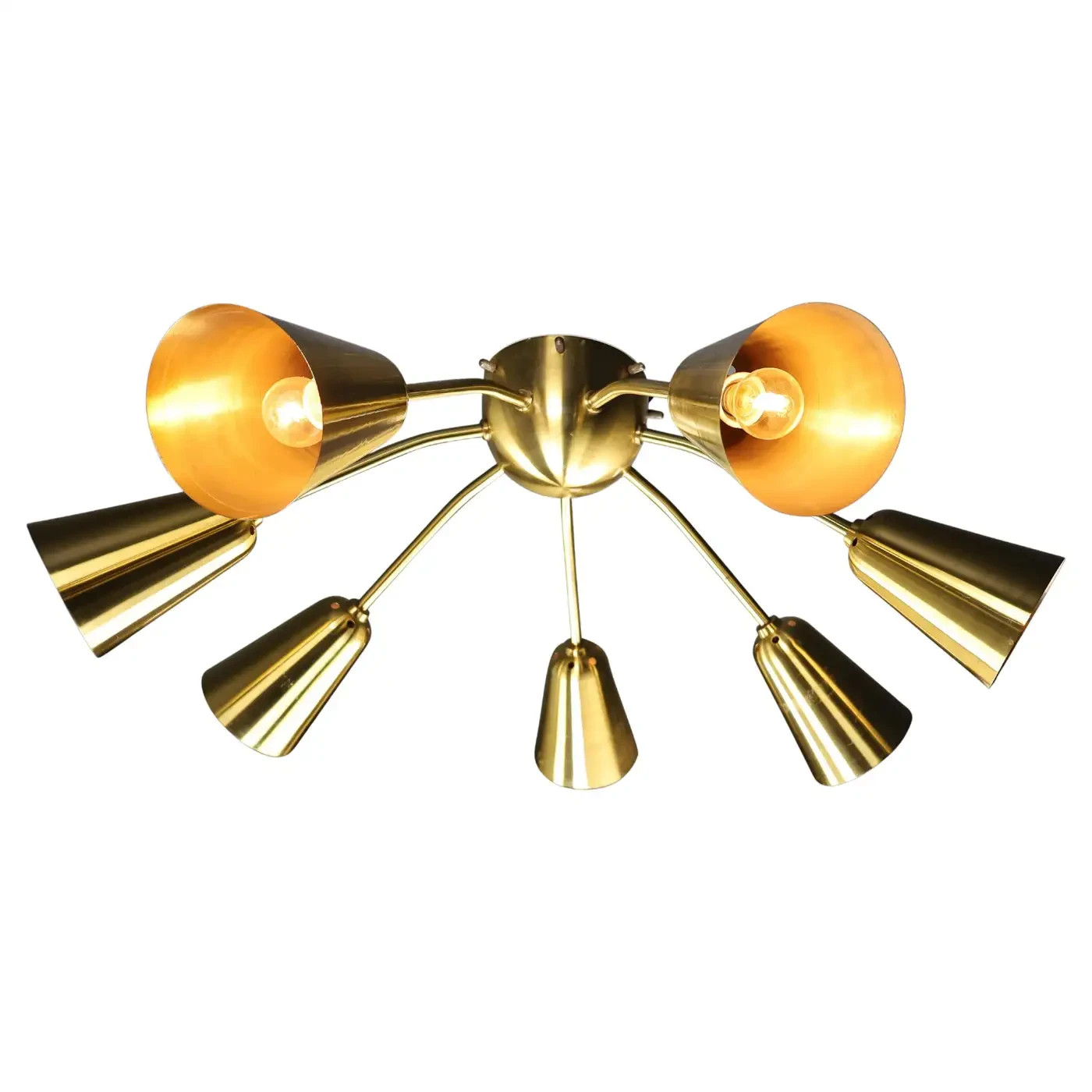 Italian Mid-Century Solid Brass Sputnik Chandelier 7 Lights Cone Shade by H D gallery