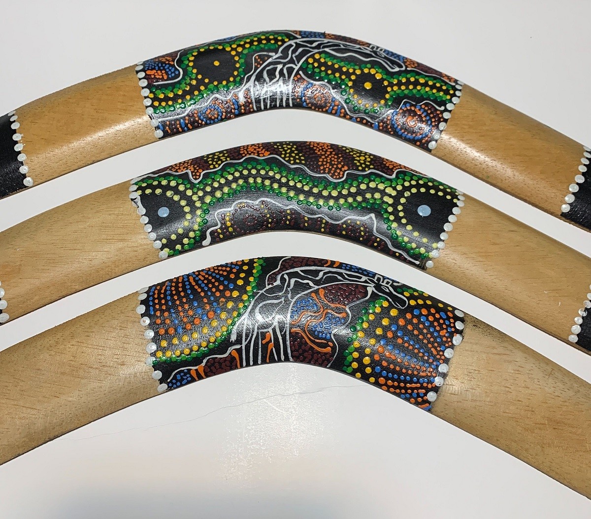 Scratch & Dent Set of Three Aboriginal Dot Painted Boomerangs gallery