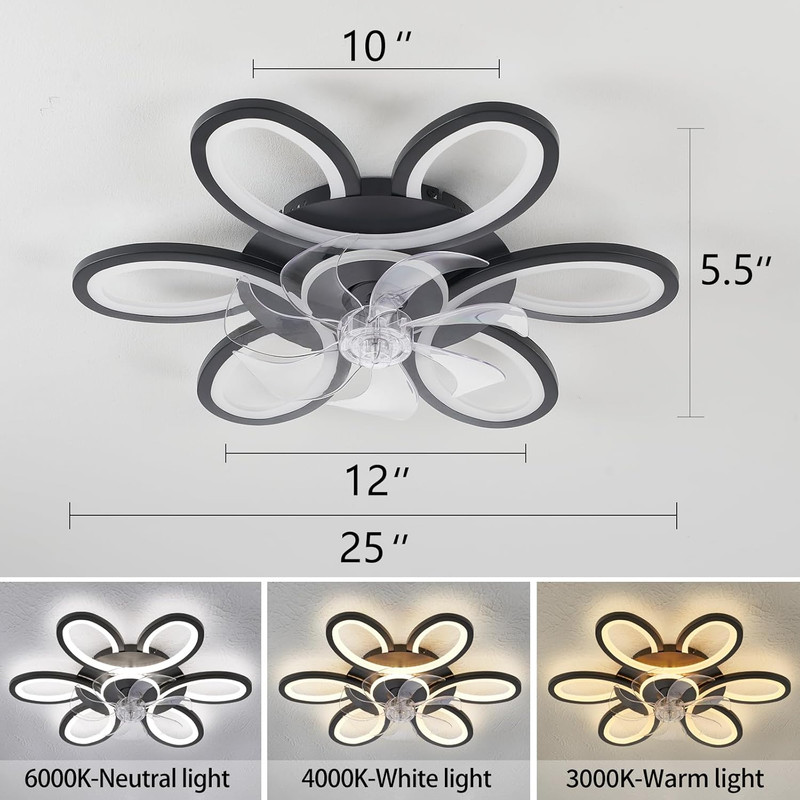 Modern Black-Star Flush Mount Ceiling Fan with Dimmable LED Light & Remote gallery