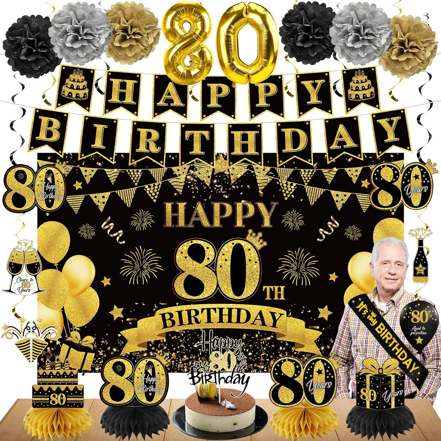42PCS 80Th Birthday Decoration Kit for Men Women, Black Gold Happy 80Th Bday Ban gallery