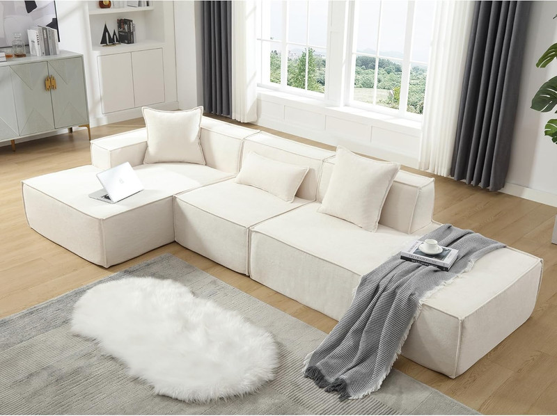 Beige 129" Modular Polyester Sofa Set with Chaise & Pillows 3 Seater Sofa Couch gallery