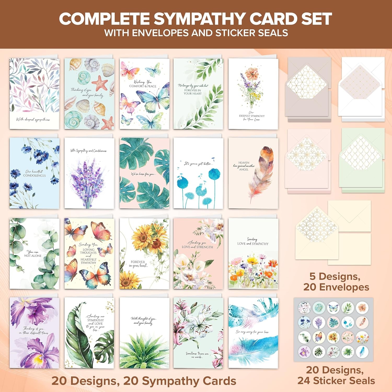20 Pack 5X7In Textured Sympathy Cards with Envelopes, 20 Unique Designs gallery