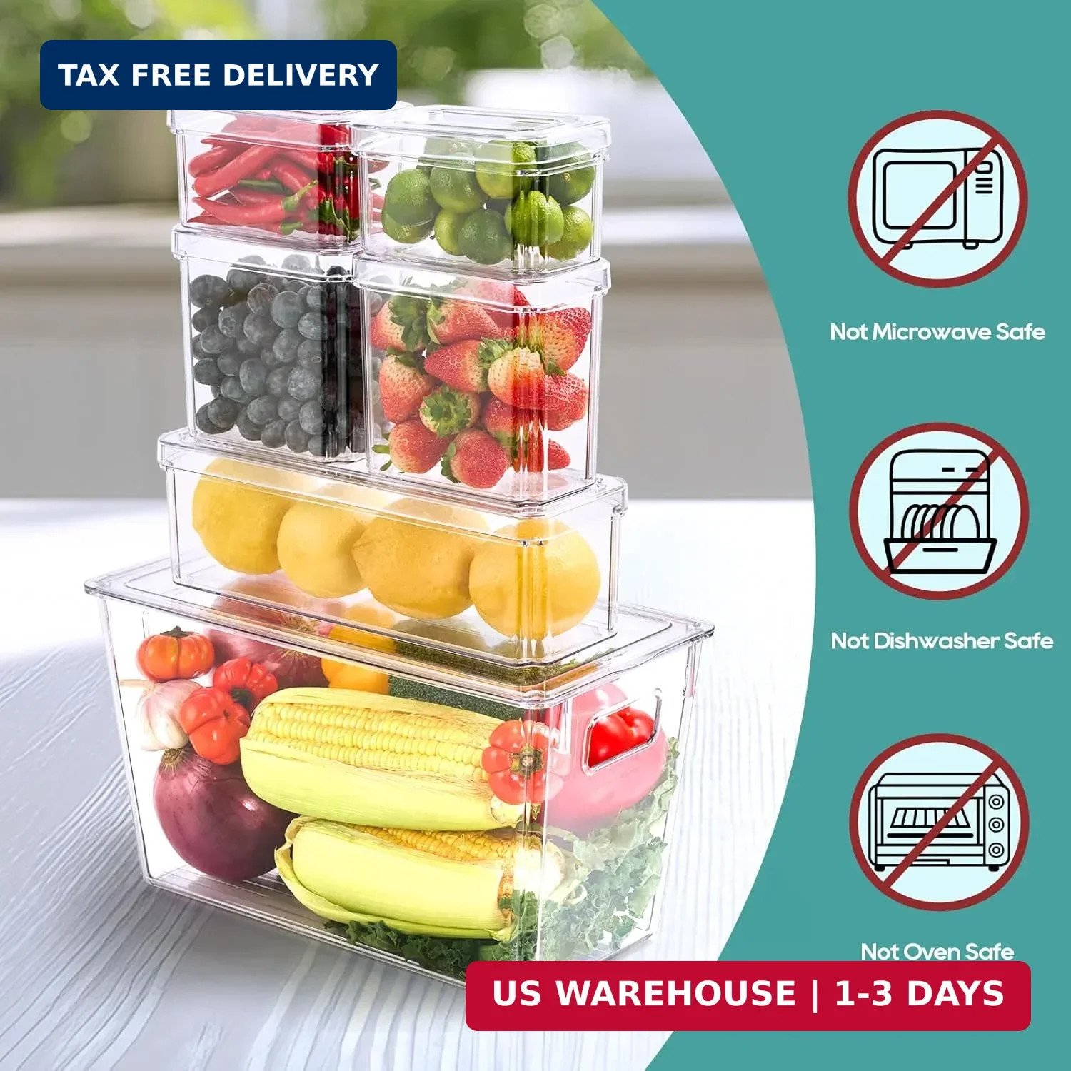 6 Pcs Fridge Organizer Bins Stackable Clear Lid BPA Free Fruit Vegetable Storage gallery