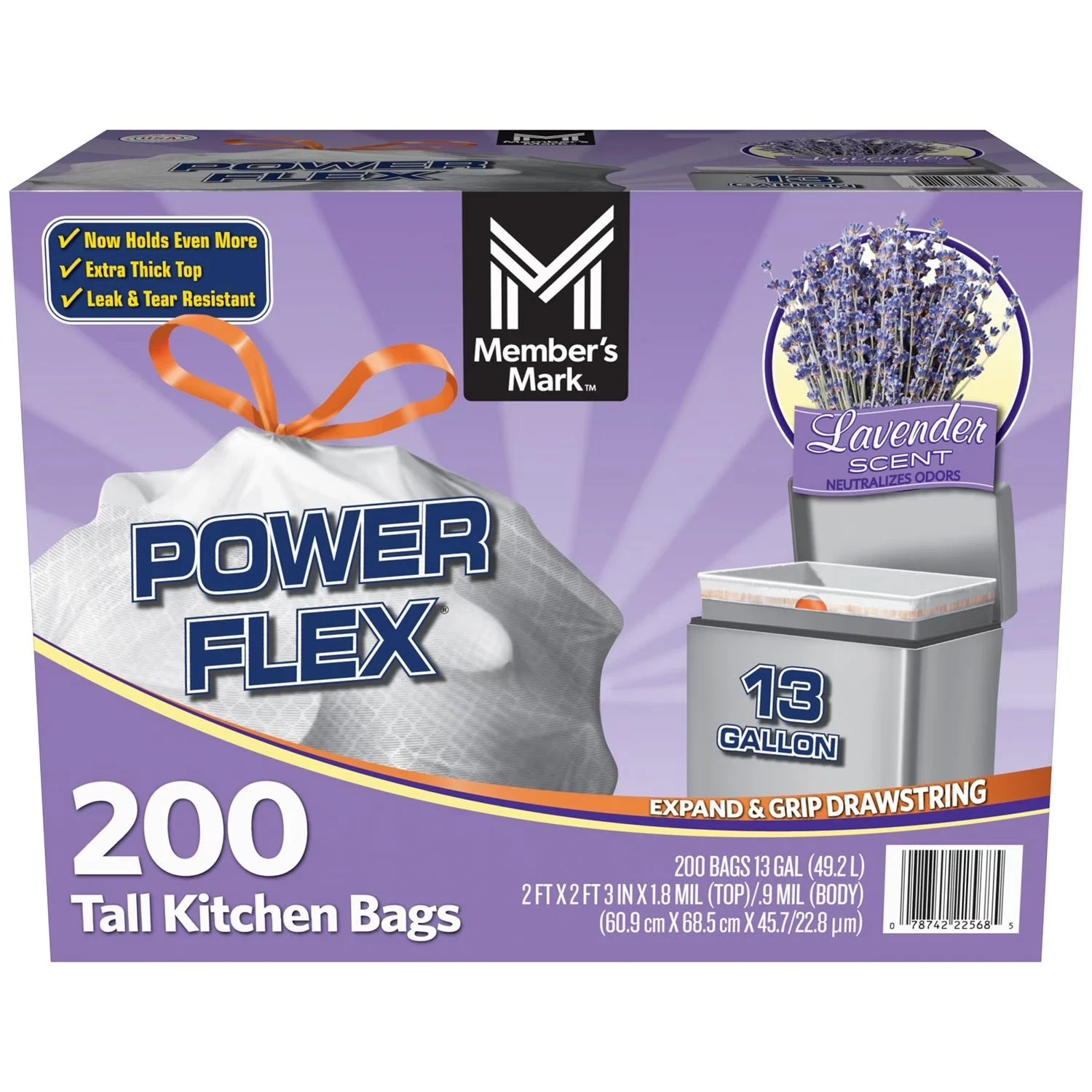 Member's Mark Power Flex 13-Gallon Tall Kitchen Trash Bags Lavender 200 ct gallery