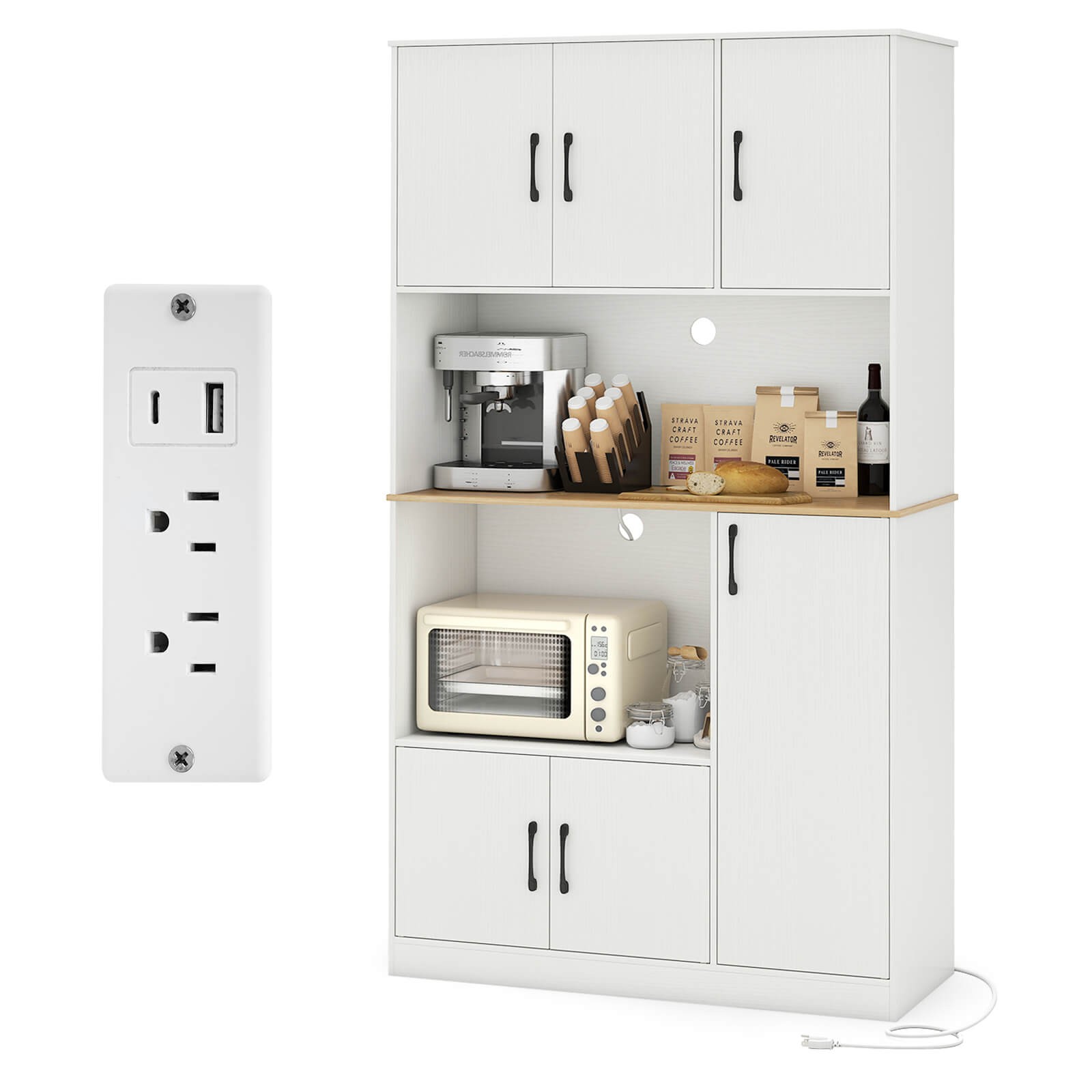 71” Tall Kitchen Pantry Cabinet with Charging Station, Microwave Stand & Doors gallery