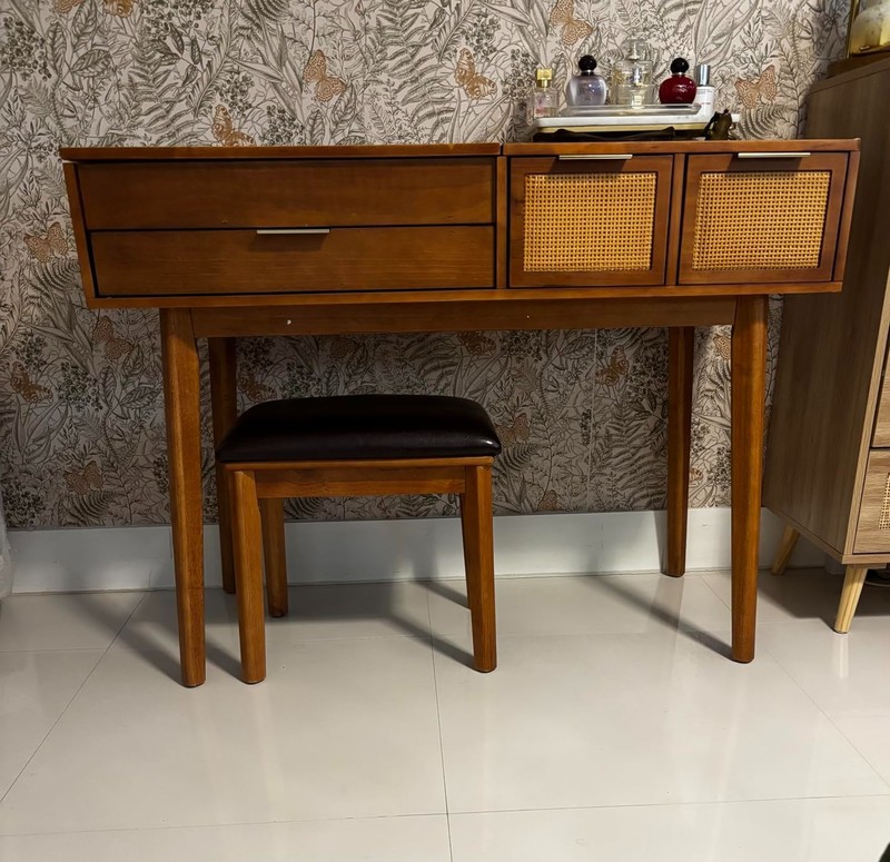 Modern Vanity Set Mirror w/ Stool Makeup Dressing Table Rattan Drawers Storage gallery