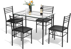 5-Piece Black Dining Set with Tempered Glass Table and 4 Chairs for Kitchen