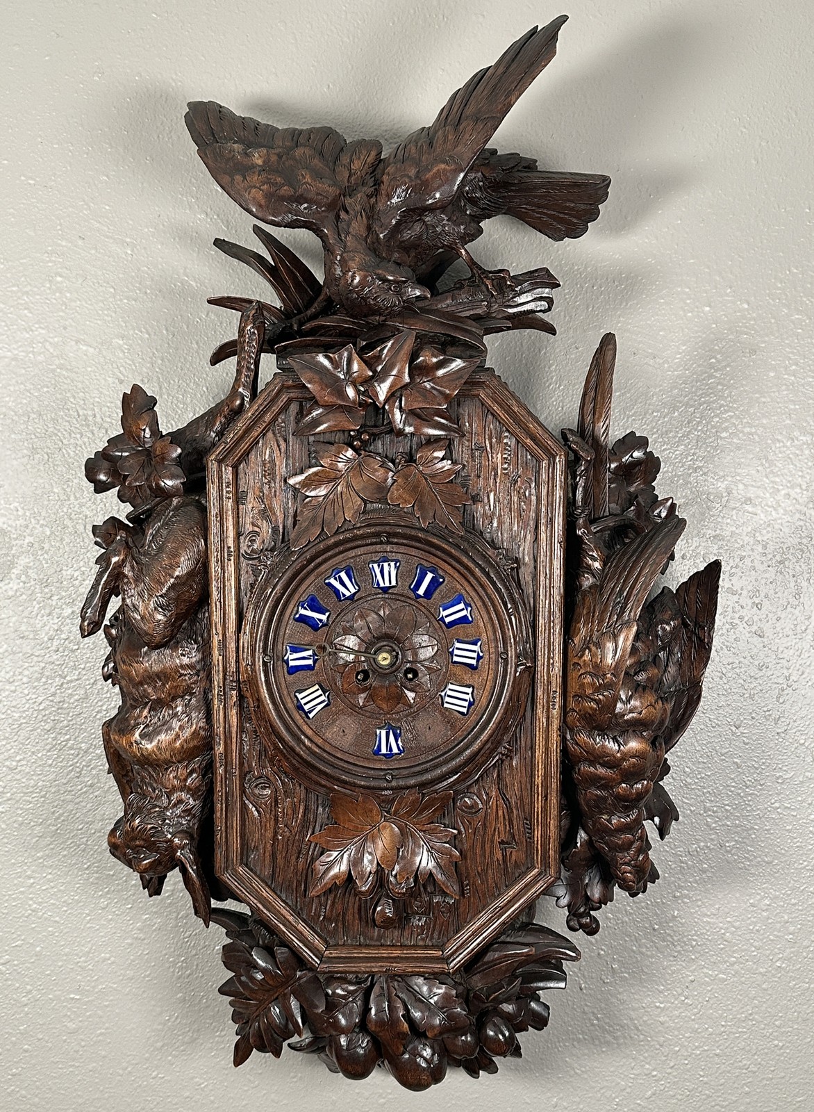 3 Foot Tall Antique Black Forest Walnut Wood Wall Clock with Hunting Theme gallery