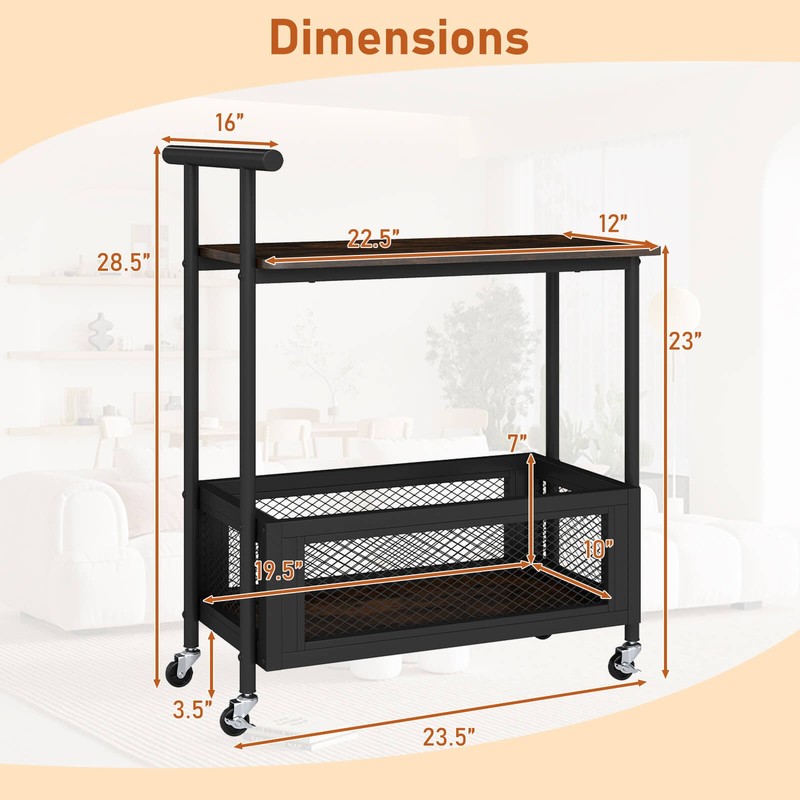 Rolling End Table w/Lockable Wheels Handle 2 Storage Shelves Industrial Bar Cart gallery