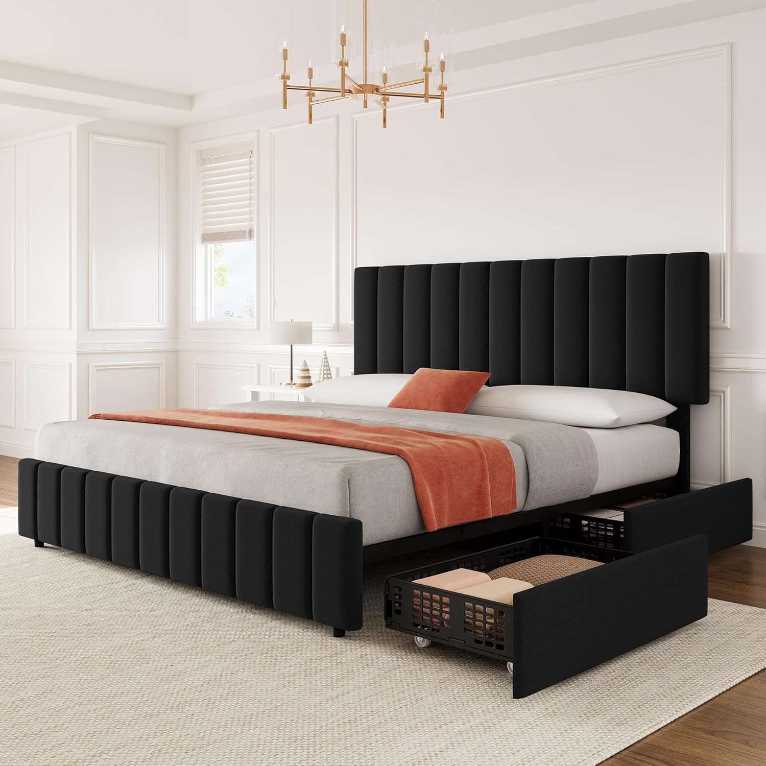 Queen Size Bed Frame with 4 Storage Drawers and Headboard Upholstered Platform gallery