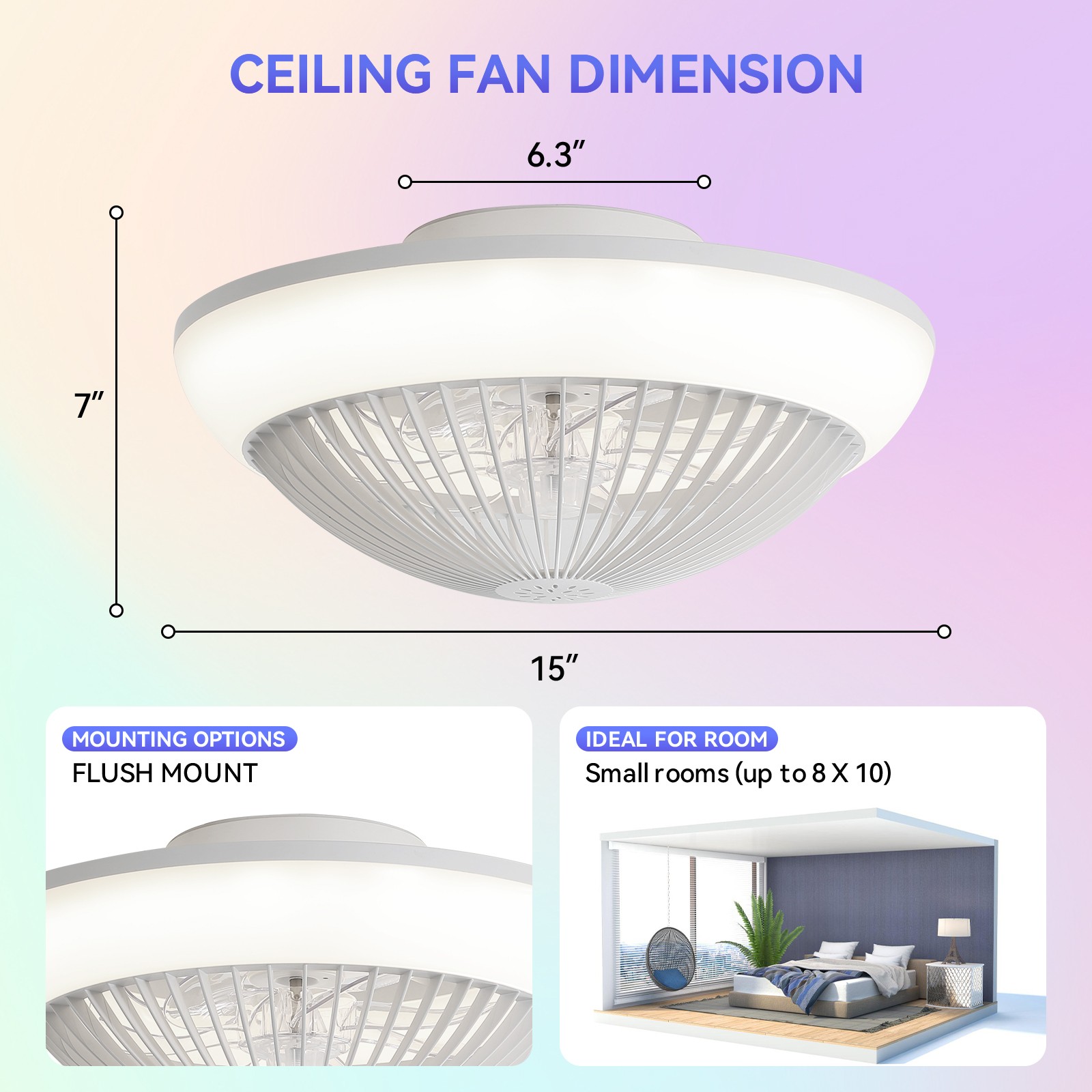 RGB Light 19/15in Invisible Blade Ceiling Fan with Remote 6 Speeds Reversible DC gallery