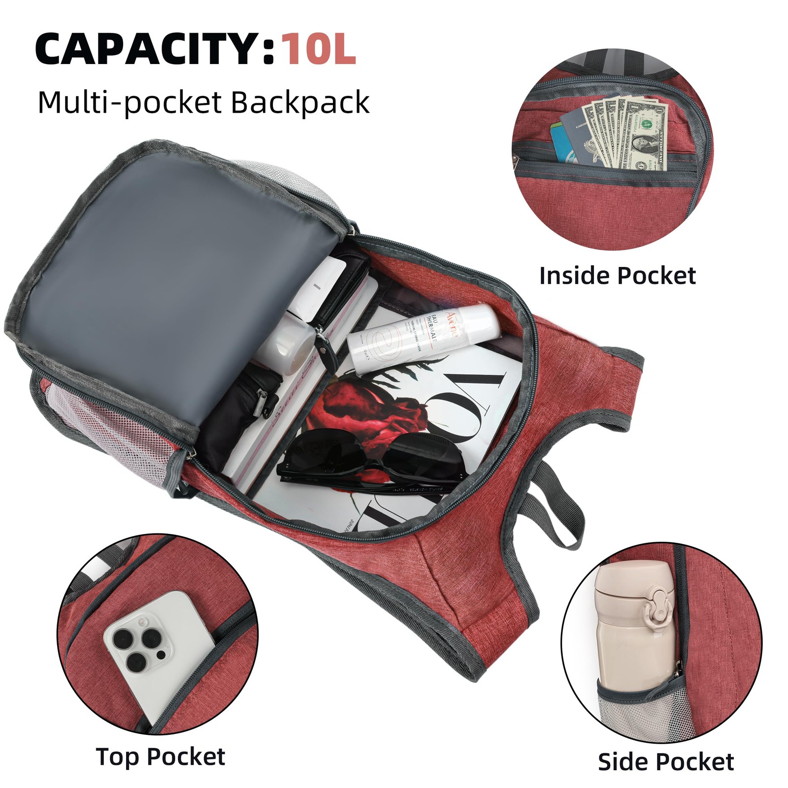 Hiking Backpack 10L Small Travel Lightweight Daypack Foldable Packable Red 4