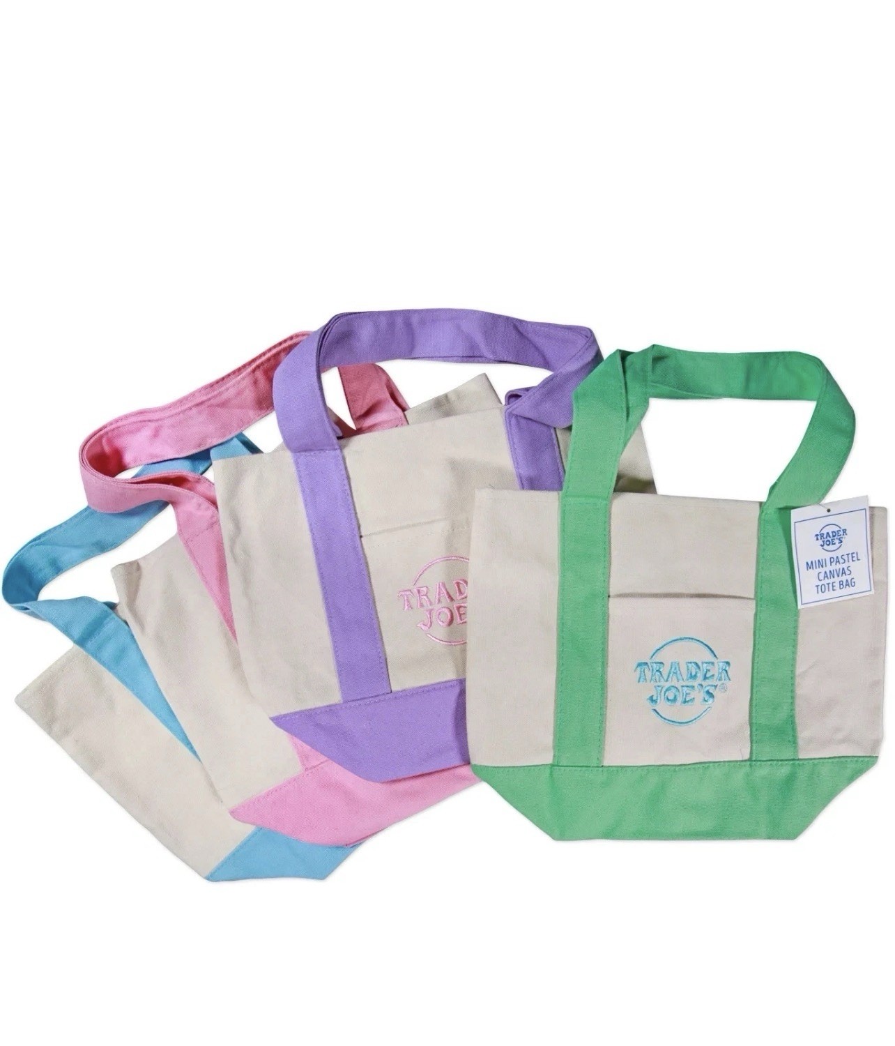 Spring 2026 Ltd Edition Trader Joe’s Mini Pastel Canvas Tote Bag Set Of 4 NWT gallery