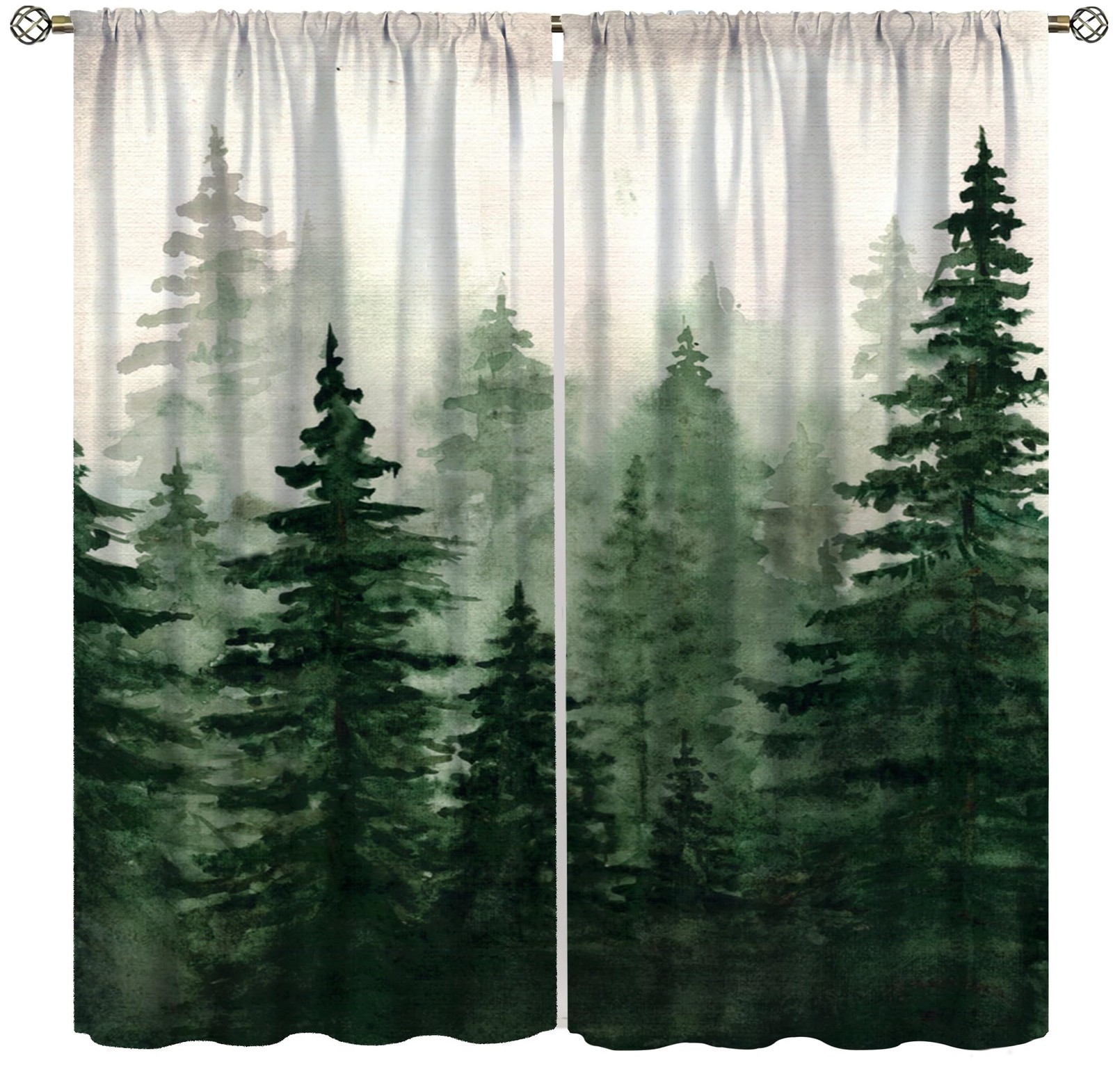 Forest Curtains for Kitchen,Vintage Rustic Watercolor Green Misty Nature Fore... gallery