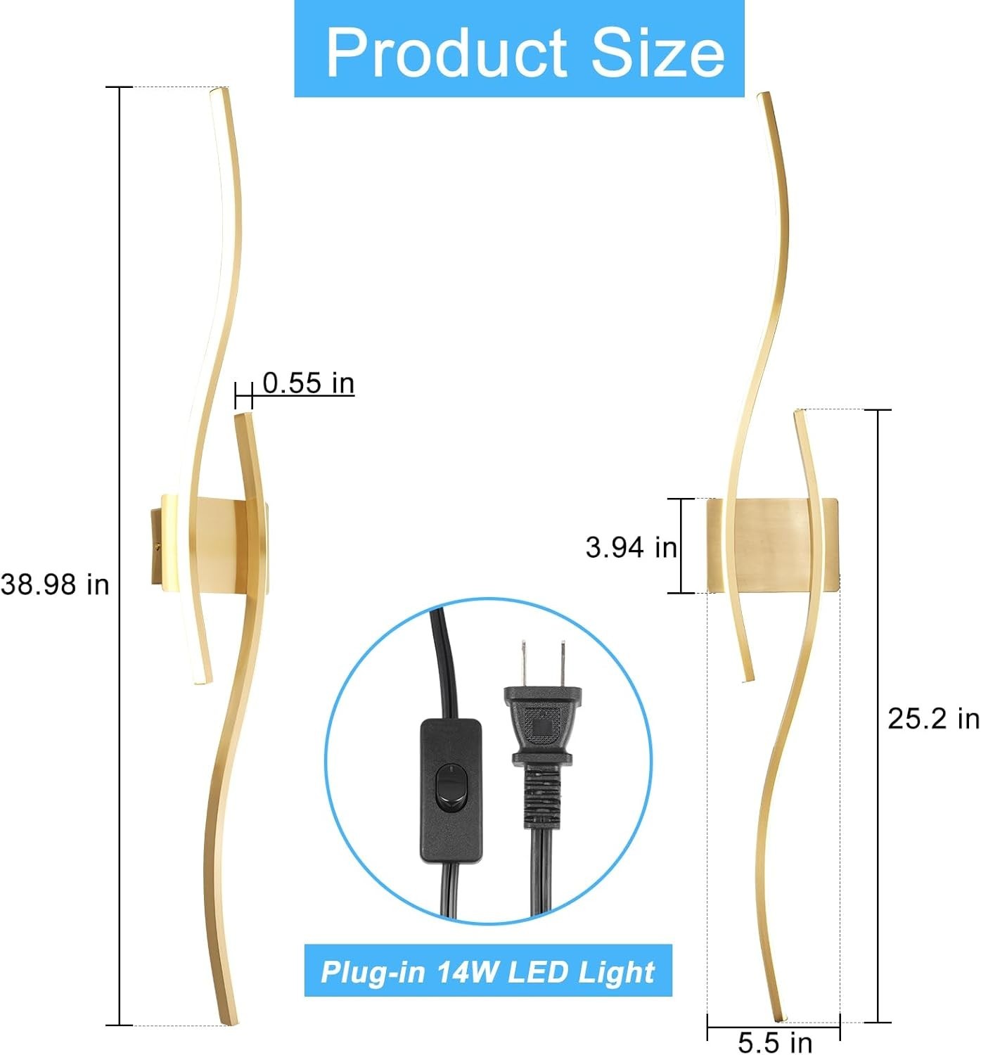 Wall Sconces - 2 Pack Gold, Plug-in, 14W LED, Modern Indoor Lighting with Cord gallery
