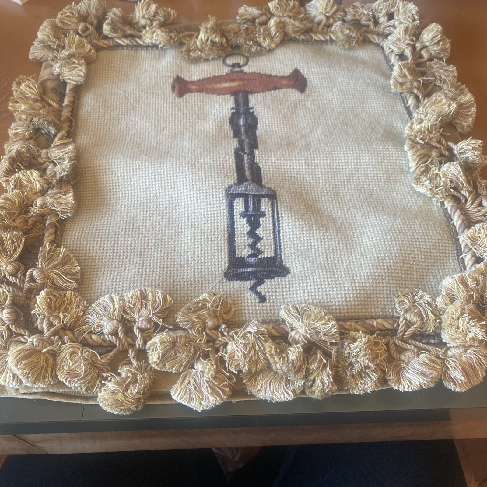 Wool Needlepoint Throw Pillow Handmade Wine Corkscrew Accent Cushion 14x14 gallery