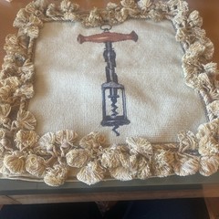 Wool Needlepoint Throw Pillow Handmade Wine Corkscrew Accent Cushion 14×14