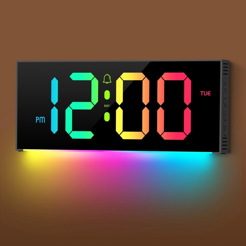 Large 12" Digital Wall Clock with Remote, RGB Color Changing, DST, Night Light f gallery