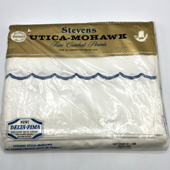 Stevens Utica Mohawk Flat Sheet Double Bed White Blue Scalloped Embroidery Full